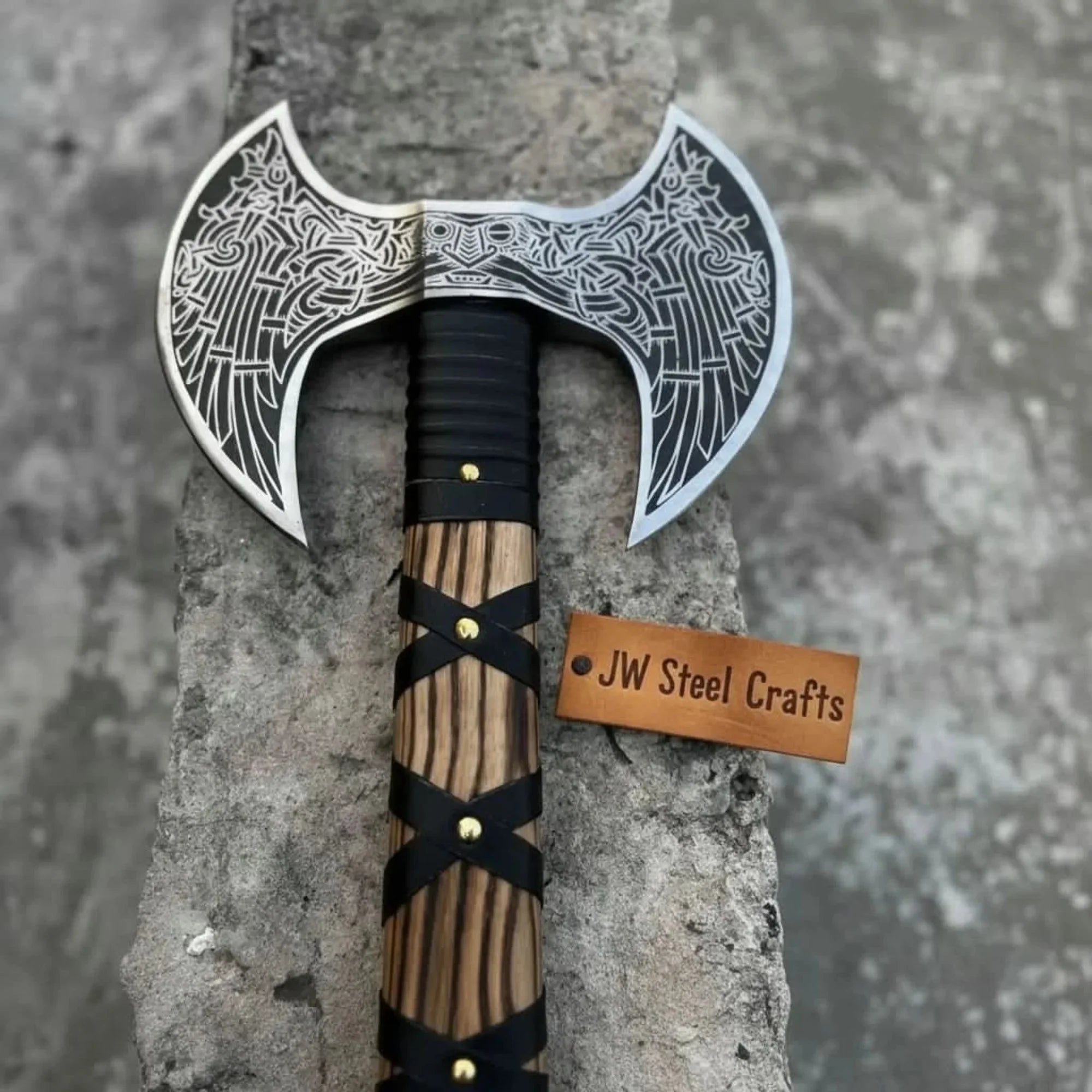 Hand Engraved Double Headed Viking Axe with Nordic Knotwork and