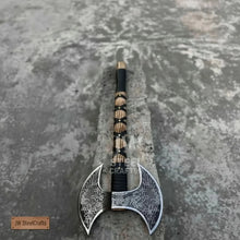 Load image into Gallery viewer, Hand Engraved Double Headed Viking Axe with Nordic Knotwork and Leather Wrapped Handle