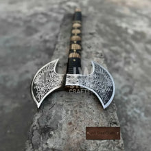 Load image into Gallery viewer, Hand Engraved Double Headed Viking Axe with Nordic Knotwork and Leather Wrapped Handle