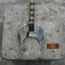 Load image into Gallery viewer, Hand Engraved Double Headed Viking Axe with Nordic Knotwork and Leather Wrapped Handle