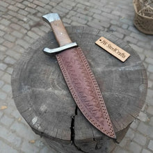Load image into Gallery viewer, 14-Inch Damascus Frontier Bowie Knife — 9-Inch Blade, Lace Wood Coffin Handle, Steel Guard &amp; Tooled Leather Sheath