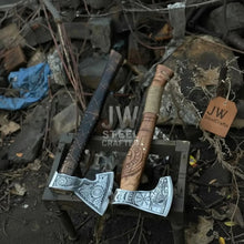 Load image into Gallery viewer, Norse Viking Axe Set with Engraved Steel Heads and Carved Hardwood Handles