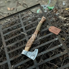 Load image into Gallery viewer, Norse Viking Axe Set with Engraved Steel Heads and Carved Hardwood Handles