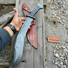 Load image into Gallery viewer, Handmade Kukri Bowie Knife Damascus Steel Recurve Blade Full Tang with Leather Sheath – JW SteelCrafts