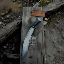 Load image into Gallery viewer, Handmade Kukri Bowie Knife Damascus Steel Recurve Blade Full Tang with Leather Sheath – JW SteelCrafts