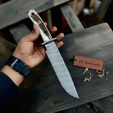 Load image into Gallery viewer, Handmade Damascus Hunting Knife with Stag Antler Bowie Blade