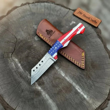 Load image into Gallery viewer, Damascus Tanto Fixed Blade Knife with American Flag Resin Handle, and Leather Sheath