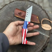 Load image into Gallery viewer, Damascus Tanto Fixed Blade Knife with American Flag Resin Handle, and Leather Sheath