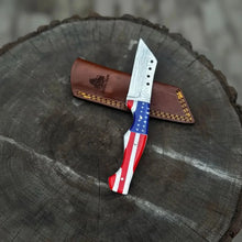 Load image into Gallery viewer, Damascus Tanto Fixed Blade Knife with American Flag Resin Handle, and Leather Sheath