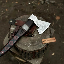 Load image into Gallery viewer, Viking Bearded Axe with Norse Engraved Blade and Leather Sheath