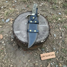 Load image into Gallery viewer, 16-Inch Damascus Bowie Knife 11-Inch Blade, Stag Handle, Brass S-Guard &amp; Leather Belt Sheath