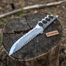 Load image into Gallery viewer, 14-Inch High Carbon Steel Combat Knife — Acid Etched Tanto Blade, Knuckle Duster Guard &amp; Wenge Wood Handle