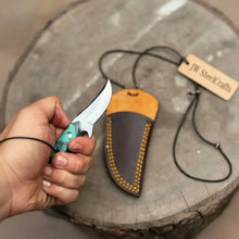 Load image into Gallery viewer, Neck Knife with Leather Sheath – Mini Damascus Pattern Blade | Green Resin Handle | JW SteelCrafts