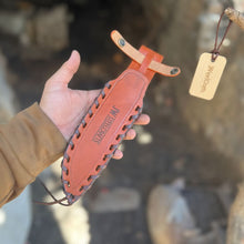 Load image into Gallery viewer, 10-Inch Hammered Spear Point Survival Knife — Ram Horn Black Resin Handle, Tiger Engraved Copper Bolster &amp; Leather Sheath