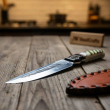 Load image into Gallery viewer, 10-Inch Hammered Spear Point Survival Knife — Ram Horn Black Resin Handle, Tiger Engraved Copper Bolster &amp; Leather Sheath
