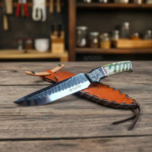 Load image into Gallery viewer, 10-Inch Hammered Spear Point Survival Knife — Ram Horn Black Resin Handle, Tiger Engraved Copper Bolster &amp; Leather Sheath
