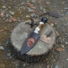 Load image into Gallery viewer, Handmade Damascus Hunting Knife with Stag Antler Handle &amp; Custom Leather Sheath