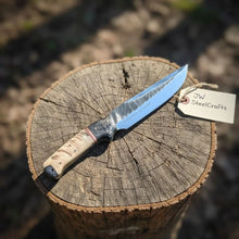 Load image into Gallery viewer, High Carbon Steel Fixed Blade Knife — Hammered Drop Point Blade, Ram Horn &amp; Black Resin Handle