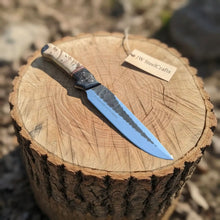 Load image into Gallery viewer, High Carbon Steel Fixed Blade Knife — Hammered Drop Point Blade, Ram Horn &amp; Black Resin Handle