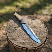 Load image into Gallery viewer, High Carbon Steel Fixed Blade Knife — Hammered Drop Point Blade, Ram Horn &amp; Black Resin Handle