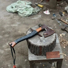 Load image into Gallery viewer, Viking Axe with Leather Wrapped Handle &amp; Engraved Head – JW SteelCrafts