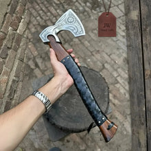 Load image into Gallery viewer, Viking Axe with Leather Wrapped Handle &amp; Engraved Head – JW SteelCrafts