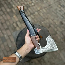 Load image into Gallery viewer, Viking Axe with Leather Wrapped Handle &amp; Engraved Head – JW SteelCrafts