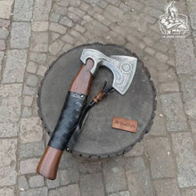 Load image into Gallery viewer, Viking Axe with Leather Wrapped Handle &amp; Engraved Head – JW SteelCrafts
