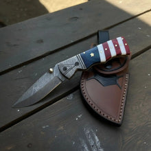 Load image into Gallery viewer, Damascus Folding Pocket Knife — American Flag Handle