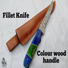 Load image into Gallery viewer, Handmade Damascus Fillet Knife – 10 Inch Overall, 5 Inch Precision Fish Filleting Blade with Colored Wood Handle, Full Tang Fishing Knife with Leather Sheath, JW SteelCrafts