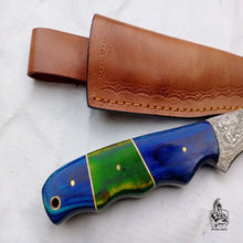 Load image into Gallery viewer, Handmade Damascus Fillet Knife – 10 Inch Overall, 5 Inch Precision Fish Filleting Blade with Colored Wood Handle, Full Tang Fishing Knife with Leather Sheath, JW SteelCrafts