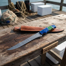 Load image into Gallery viewer, Handmade Damascus Fillet Knife – 10 Inch Overall, 5 Inch Precision Fish Filleting Blade with Colored Wood Handle, Full Tang Fishing Knife with Leather Sheath, JW SteelCrafts