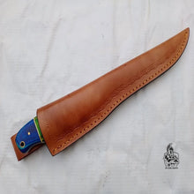 Load image into Gallery viewer, Handmade Damascus Fillet Knife – 10 Inch Overall, 5 Inch Precision Fish Filleting Blade with Colored Wood Handle, Full Tang Fishing Knife with Leather Sheath, JW SteelCrafts