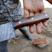 Load image into Gallery viewer, 12-Inch Serbian Damascus Cleaver — Rosewood Handle &amp; Leather Sheath