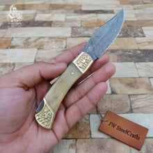 Load image into Gallery viewer, Handmade Damascus Steel Folding Pocket Knife with Bone Handle &amp; Engraved Brass Bolsters