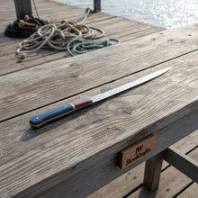 Load image into Gallery viewer, 13-Inch Forged Damascus Boning &amp; Fillet Knife — Blue and Red Two-Tone Resin Handle, Steel Bolster &amp; Silver Pins