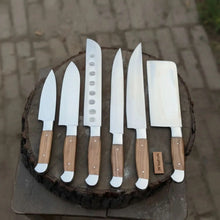 Load image into Gallery viewer, 7-Piece Stainless Steel Kitchen Knife Set — Olive Wood Handles, Steel Bolsters and Leather Kit