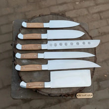 Load image into Gallery viewer, 7-Piece Stainless Steel Kitchen Knife Set — Olive Wood Handles, Steel Bolsters and Leather Kit