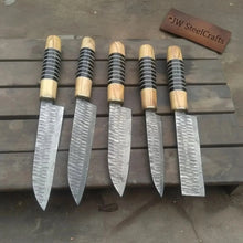 Load image into Gallery viewer, Hand Forged 5-Piece Damascus Chef Knife Set — Olive Wood &amp; Black Resin Handles