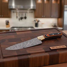 Load image into Gallery viewer, CUSTOM HAND FORGED DAMASCUS STEEL CHEF KNIFE WOOD AND BRASS HAndle