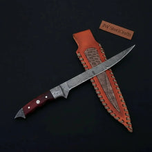 Load image into Gallery viewer, Handmade 13 Inch Overall Damascus Steel Fillet Knife –  Full Tang Fishing Knife with Hardwood Handle and Leather Sheath.