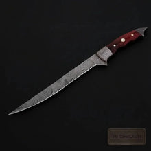 Load image into Gallery viewer, Handmade 13 Inch Overall Damascus Steel Fillet Knife –  Full Tang Fishing Knife with Hardwood Handle and Leather Sheath.