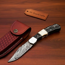 Load image into Gallery viewer, Handmade Damascus Folding Pocket Knife Engraved &amp; Plain Handle Variants | Leather Sheath Included