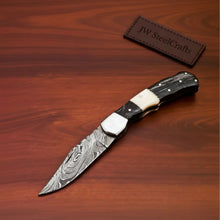 Load image into Gallery viewer, Handmade Damascus Folding Pocket Knife Engraved &amp; Plain Handle Variants | Leather Sheath Included