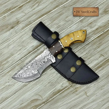 Load image into Gallery viewer, tracker knife Custom, 10", DAMASCUS KNIFE, Damascus steel knife, hunting, exotic Yellow Heart &amp; Walnut wood handle, leather sheath