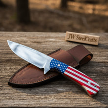 Load image into Gallery viewer, Handmade Drop Point Hunting Knife High Polish Bearing Steel Blade, USA Flag Handle