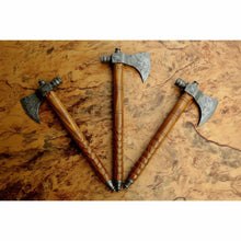 Load image into Gallery viewer, Viking Skeggøx Trio — Matching Short-Hafted Bearded Axes in Pattern-Welded Steel