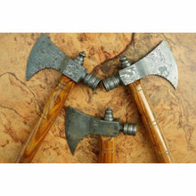 Load image into Gallery viewer, Viking Skeggøx Trio — Matching Short-Hafted Bearded Axes in Pattern-Welded Steel