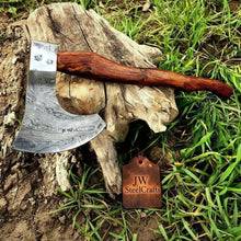 Load image into Gallery viewer, Matching Pair of Hand-Forged Damascus Bearded Axes with Curved Rosewood Handles