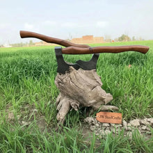 Load image into Gallery viewer, Matching Pair of Hand-Forged Damascus Bearded Axes with Curved Rosewood Handles